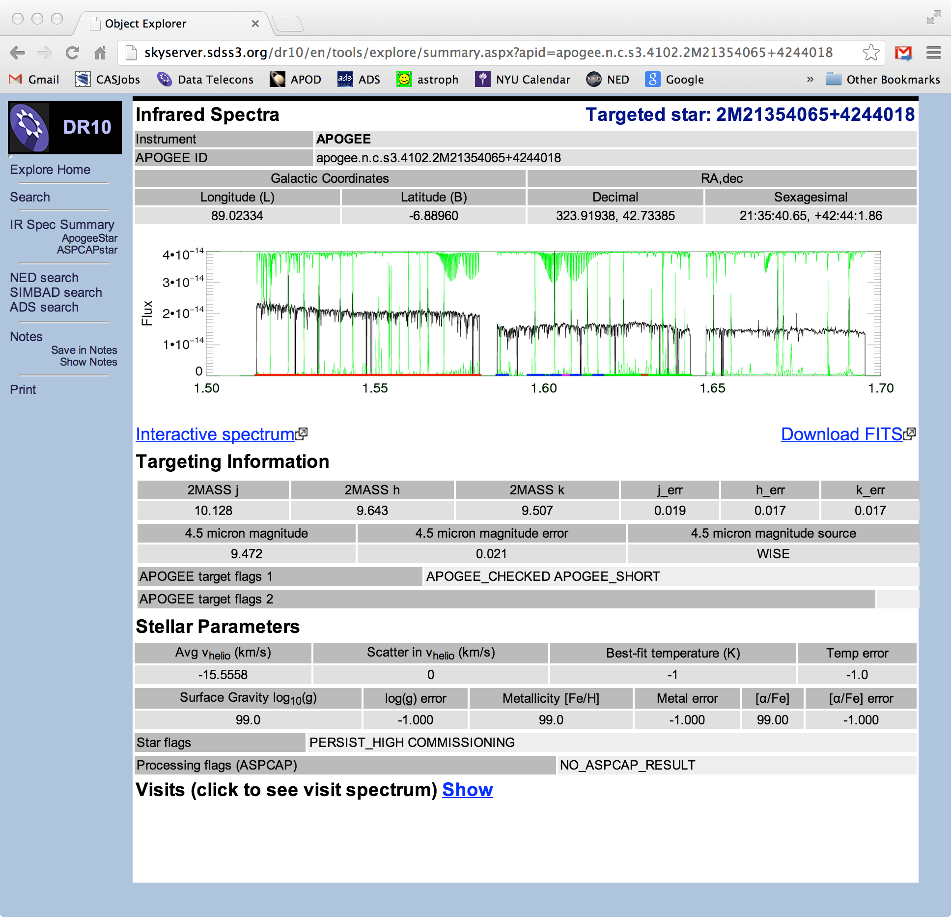 The SDSS SkyServer quick look tool shows an image and spectrum of any survey star, with links to further data