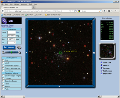 A screenshot of the Navigate tool. A frame
in the center shows an image of the globular cluster with red squares marking which
stars have measured spectra. A panel on the right shows magnitudes of the selected star,
with links to more data.